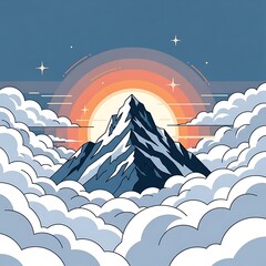 Stylized mountain peak amidst celestial clouds and a luminous horizon