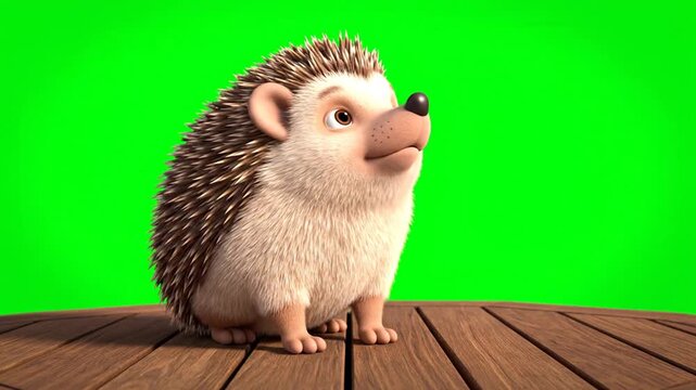 Close Up of Animated Hedgehog Character Sitting on Wooden Surface Isolated by Green Screen Backdrop Adorable Cartoon Featuring a Brown Nosed Hedgehog Looking Upward with Spiked Fur Design and 3D