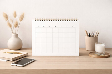 Clean and minimalist desk setup with a blank calendar, smartphone, notebook, and dried flowers.