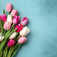 Obraz premium A vibrant arrangement of pink and white tulips against a soft blue background, creating a fresh and cheerful floral display.