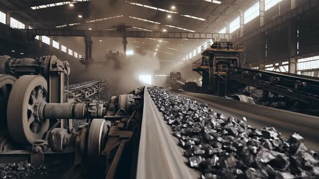 Coal mining conveyor belt in industrial plant with dusty atmosphere.