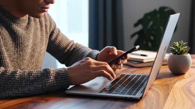 Woman types on laptop while holding smartphone at desk. Person works from home using laptop and phone. Woman multitasks with laptop and smartphone. Home office work with digital devices on desk. - Powered by Adobe