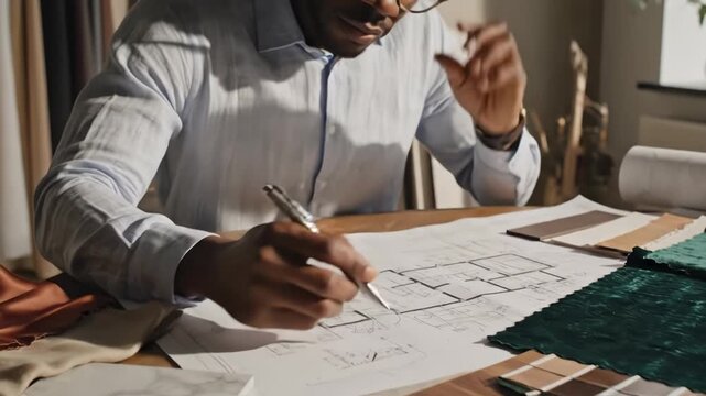 Interior designer or architect reviewing floor plan and selecting material samples like fabric, tile, and wood veneer for home design project