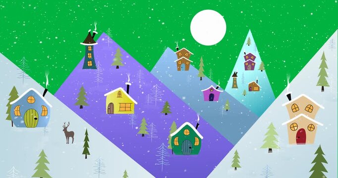 Wintery Christmas with snow falling, houses, moon and mountains