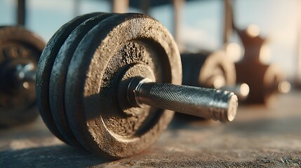 Close up of a heavy dumbbell resting on a gym floor, ready for a workout and building strength and fitness for a healthy lifestyle now.
