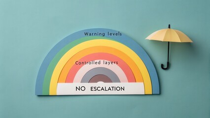 Creative visual concept illustrating warning levels and controlled layers with an umbrella and colorful rainbow on blue background