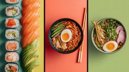 Sushi and Foods on Colorful Background