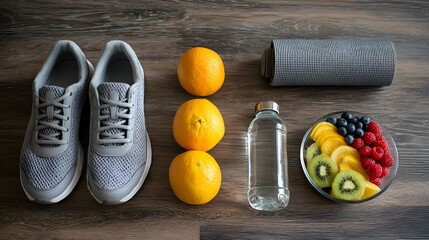 Healthy lifestyle essentials featu shoes, oranges, yoga mat, water bottle, and fruit bowl placed on a wooden surface for balanced well being.
