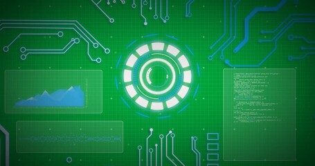 Animation of glowing blue computer circuit board elements over scope and data processing - Powered by Adobe