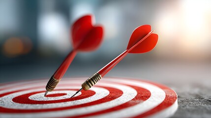 Two vibrant red darts strike the bullseye of a emphasizing precision and successful achievement of a defined goal or objective clearly.
