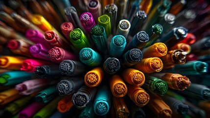 Vivid fine tip markers clustered tightly in a circular pattern from above, with rich colors perfect for design blogs, school projects