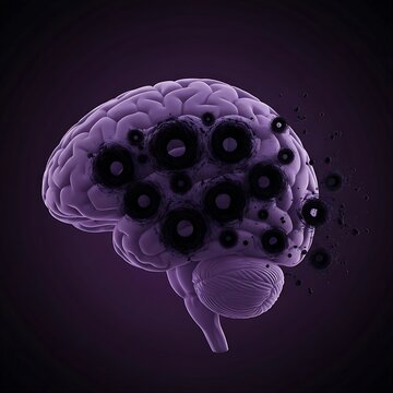human brain on a dark violet background. The brain tissue appears to be dissolving into a series of turbulent, creating a "spongiform" appearance of voids and chaos.