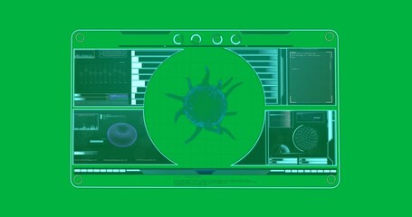 Animation of covid 19 cell and medical data processing on screen - Powered by Adobe