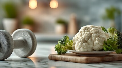 Fresh cauliflower and broccoli sit on a wooden cutting board next to a dumbbell suggesting healthy eating and fitness routine for lifestyle.