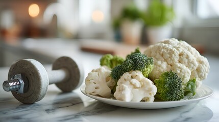 A plate of fresh cauliflower and broccoli sits beside a dumbbell on a marble countertop suggesting healthy lifestyle and fitness goals.