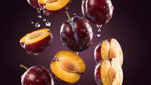 Freshly Washed Juicy Purple Plums with Sparkling Water Droplets Falling in Dynamic Motion Against a Vibrant Dark Background Capturing Freshness and Healthy Eating