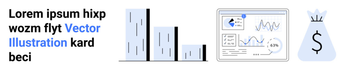Plakat Financial analytics, business growth, data presentation, investment tracking, market research, profit calculation. A chart, data dashboard and money bag. Financial analytics and business growth