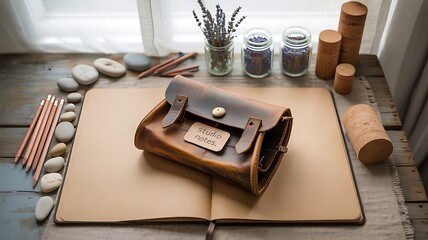 An open journal and a leather bag labeled studio notes sit on a rustic wooden desk decorated with pencils rocks and lavender.