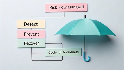 Risk Flow Management Concept Illustrated with Umbrella and Awareness Cycle for Business Strategy Visualization