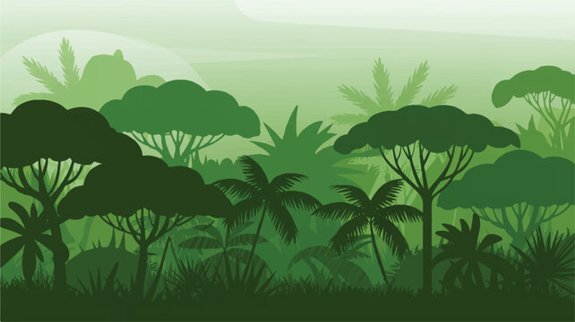 A lush green jungle landscape illustration with various trees and dense foliage under a hazy sky