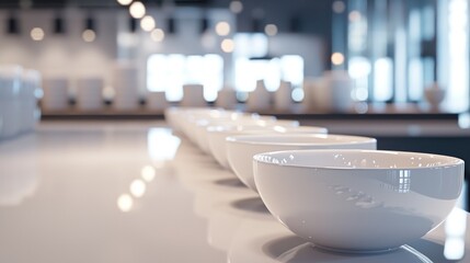 White bowls on table in bright interior