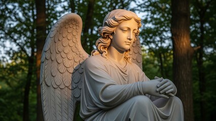 Serene angel statue in forest setting.