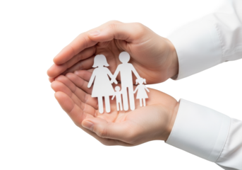 Caucasian adult hands, gently cupped, cradling white paper cutouts of a family (mother, father, boy, girl) on a transparent studio background, minimalist, family protection and security concept