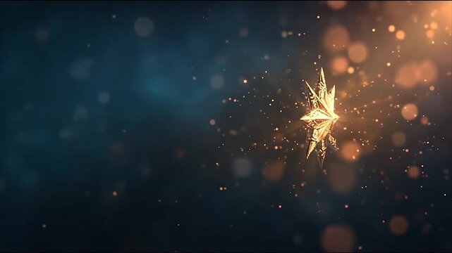 Golden star object floating in a dark blue space with bokeh lights