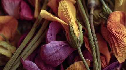 A bunch of dried flowers with purple and orange petals