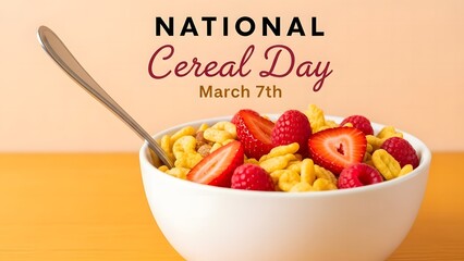 Bowl of Healthy Breakfast Cereal with Fresh Raspberries and Strawberries for National Cereal Day March 7th Celebration