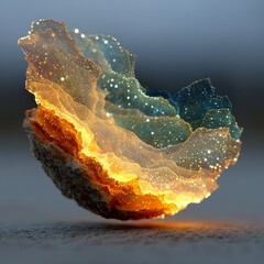 Obraz premium Vivid abstract structure with glowing hues of orange and blue, resembling a cosmic fragment suspended in mid-air, with a soft gradient background.
