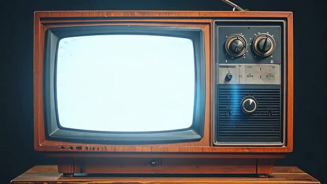 Vintage television displays a colorful test pattern on an old wooden table.
