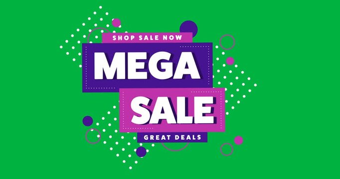 Digital animation of mega sale text over purple banner against black background
