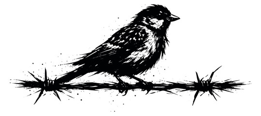 Grungy hand drawn illustration of a bird depicting it perched on barbed wire for symbolic themes