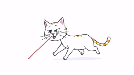 A playful cat chases a red laser pointer with energetic movement and joyful expression in a simple illustration.