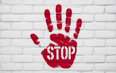 Red hand print stop sign on brick wall