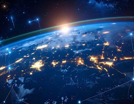 Earth from space at sunrise, illuminated cities, star connections - Powered by Adobe
