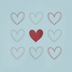 Nine heart illustrations with one colored heart
