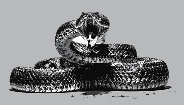 Black and white image of a coiled rattlesnake with open mouth, fangs, and forked tongue
