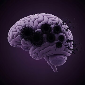human brain on a dark violet background. The brain tissue appears to be dissolving into a series of turbulent, creating a "spongiform" appearance of voids and chaos.