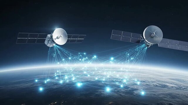 Two satellites orbit above a planet, connected by a network of bright beams.
