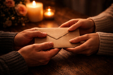 Two people's hands exchanging a brown envelope in a dimly lit, intimate setting with candles.