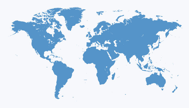 A flat blue world map showing continents and landmasses, with no labels or country borders