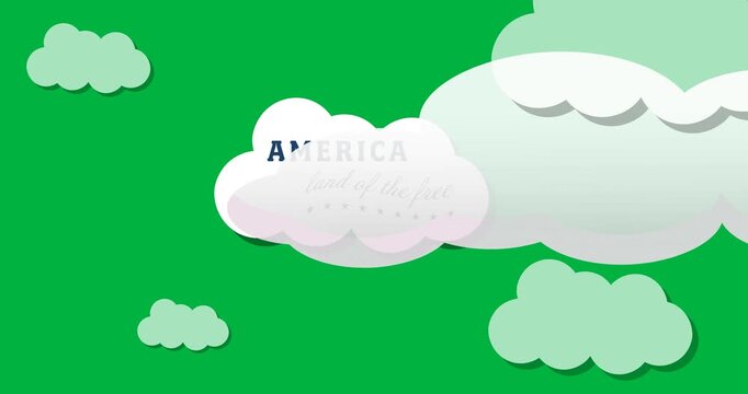 Rocket moving over america land of free text on cloud icons against black background