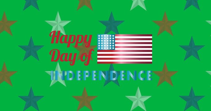 Independence day text banner and american flag icon against multiple stars on black background