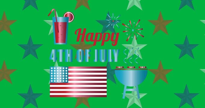 Independence day text banner and barbeque grill icon against multiple stars on black background