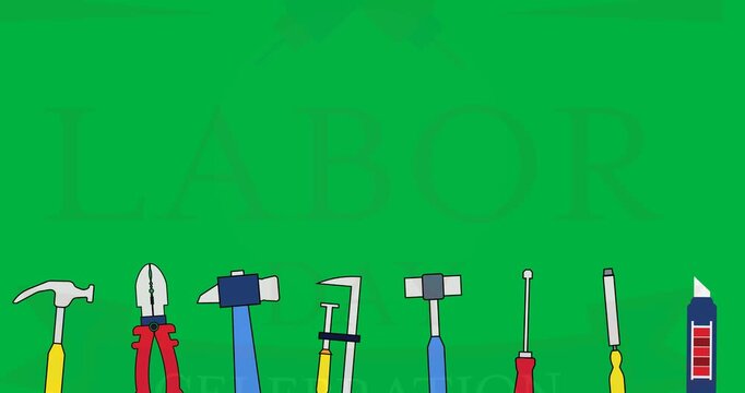Digital animation of multiple tools over labor day text and fireworks icon against back background