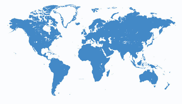 A flat, blue, vector illustration of the world map with continents, oceans, and bodies of water