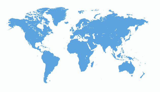 Simplified, flat blue map of Earth continents on white background, devoid of labels