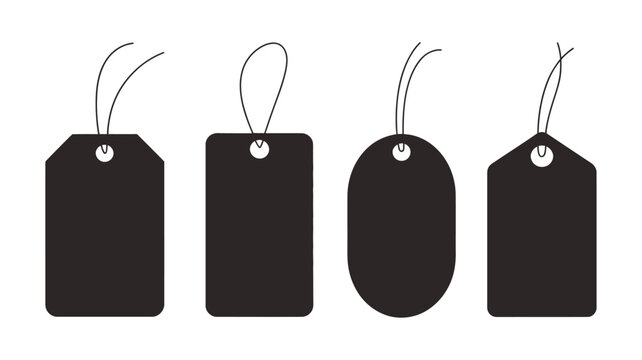 Four black price tags with string loops isolated on a white background
